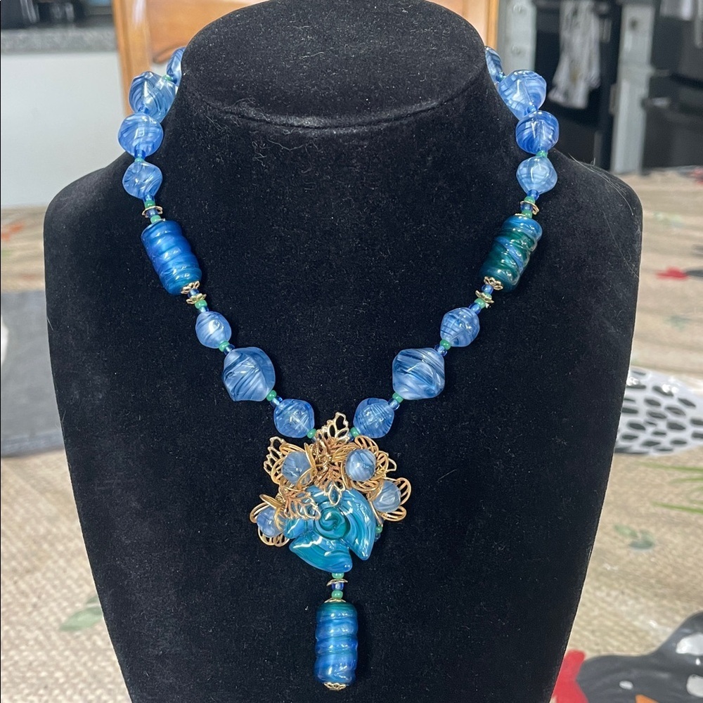 Vintage Rare signed Mariam Haskell Blue and Gold Floral Necklace